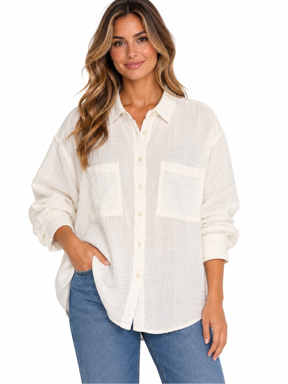 GAP Cream Button-Front Cotton Shirt